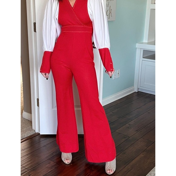 Vintage Rare 60s Jumpsuit Romper Zip Up Womens Red & White Wide Leg One Piece XS - Picture 1 of 11